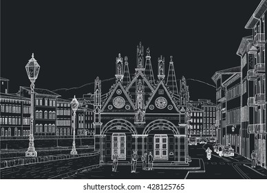 Sketch of the Church of Santa Maria della Spina in Pisa. Painted with chalk on black