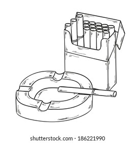 sketch of the cigarettes pack and ashtray on white background, isolated