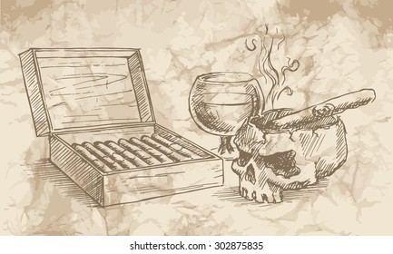 Sketch of the cigars, skull, with a glass of whiskey and an ashtray on the old paper background.