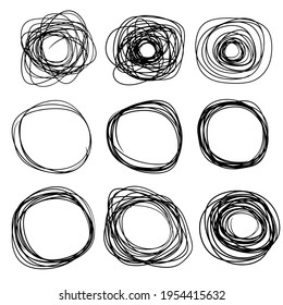 Sketch circle. Black ring set. Abstract geometric shape. Chaotic doodle tangled line.