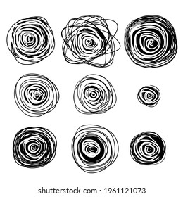 Sketch circle. Black ring set. Abstract geometric shape. Chaotic tangled line. Spiral doodle Curve