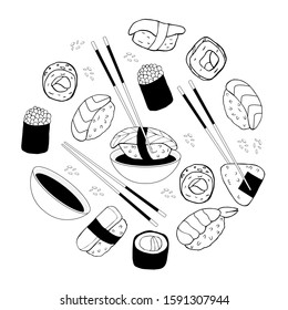 sketch of circle made of sushi and sushi rolls with soy sauce and chosticks isolated on white. 