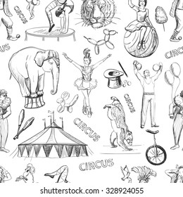 Sketch circles seamless pattern with athlete, animals, magician vector illustration