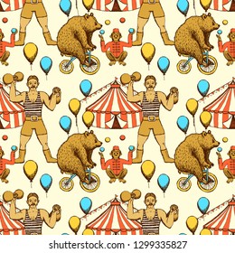 Sketch circles seamless pattern in vintage style. Bear rigdding on a bicycle, monkey juggler, circus tent and strongman.