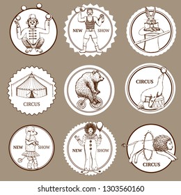 Sketch circus labels and logotypes in vintage style, vector