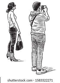 Sketch of citizens couple on excursion taking picture on smartphone