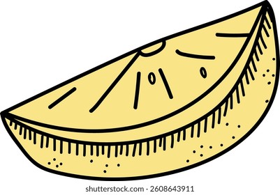 A sketch of a citrus slice with bold outlines and textured details. The fruit wedge is depicted in a cartoon style with emphasis on simple lines and shading. Cartoon vector illustration.