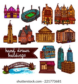 Sketch city building architecture decorative color icons set  isolated vector illustration