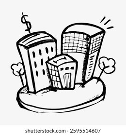 Sketch of city buildings. Urban sketch with buildings, trees, and dollar sign. Simple cityscape drawing. Black and white sketch of buildings and trees. Doodle illustration vector.