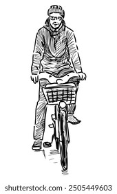 Sketch of city cyclist in helmet stopped for resting, front view, vector hand drawn illustration