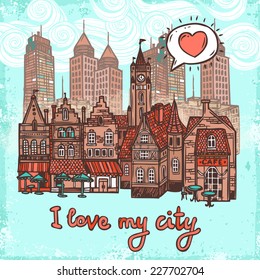 Sketch city decorative background with old town and modern office buildings vector illustration