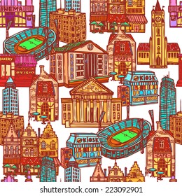 Sketch city decorative colored seamless pattern with office building cafe stadium vector illustration