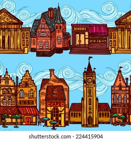 Sketch city decorative colored seamless border with government buildings cafe bakery vector illustration