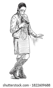 Sketch of city girl in mask and headphones standing and looking at smartphone outdoors