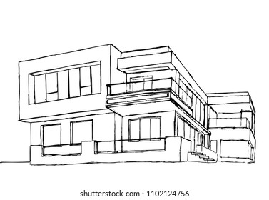 Sketch city house isolated. Black and white