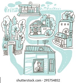 Sketch of the city with houses, shops, a park, a bank, a boy in the window