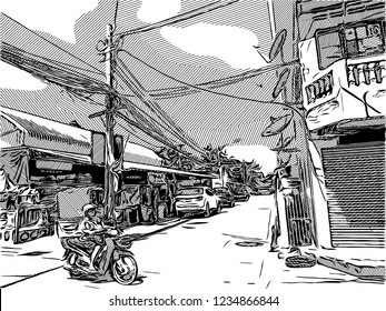 sketch of city life, market, building, street in Thailand