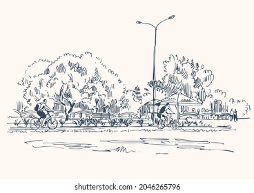 Sketch city park and cyclists bicycle path  Vector illustration
