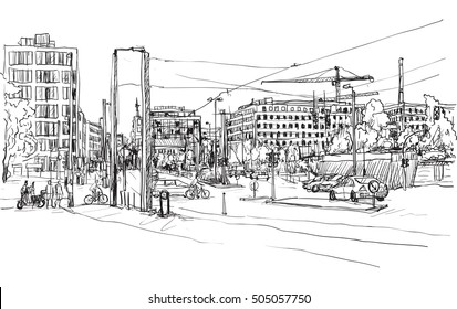 sketch city scape of Berlin street with building and peoples walk along the road, free hand draw illustration vector