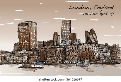 Sketch city scape in London England show skyline and building beside thames river in Sepia tone, illustration vector