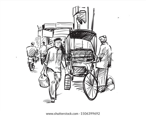 Sketch of city scape in\
Mumbai, India, show  people are walking on street at local market,\
hand draw