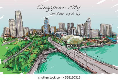 sketch city scape of Singapore skyline, free hand draw illustration vector