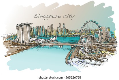 sketch city scape of Singapore skyline in special colors, free hand draw illustration vector