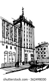 Sketch of the city. Sketch of a skyscraper.