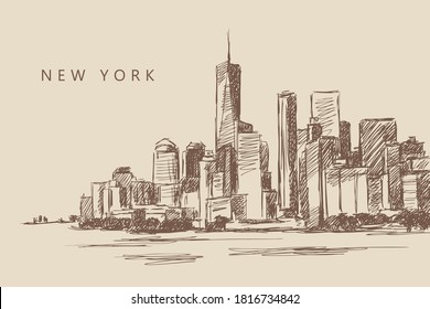 Sketch of a city with skyscrapers, New York, USA. Vintage brown and beige card, hand-drawn. Cityscape view. Architecture silhouette from lines.