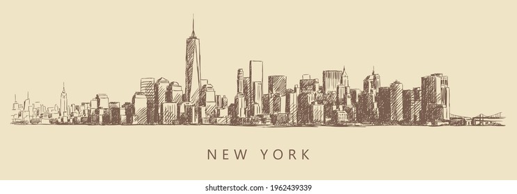 Sketch of a city with skyscrapers, New York, USA, hand-drawn.	
