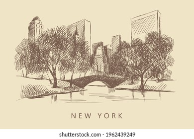 Esbozo de una ciudad con rascacielos, árboles y puentes, Nueva York, Central Park, dibujado a mano.	
