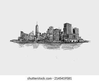 Sketch of cityscape along the river hand draw