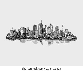 Sketch of cityscape along the river hand draw