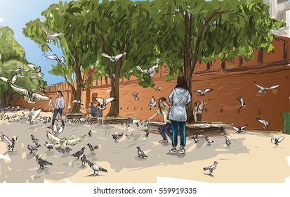 Sketch cityscape of Chiangmai, Thailand, show gate Tha Phae and tourism with pegions, illustration vector 