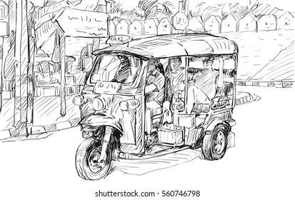 Sketch cityscape of Chiangmai, Thailand, show local motor tricycle Tuk on street, illustration vector