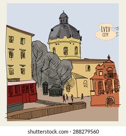 Sketch cityscape, city of Lviv, the old town, drawn by a pen, trace, vector, banner, illustration