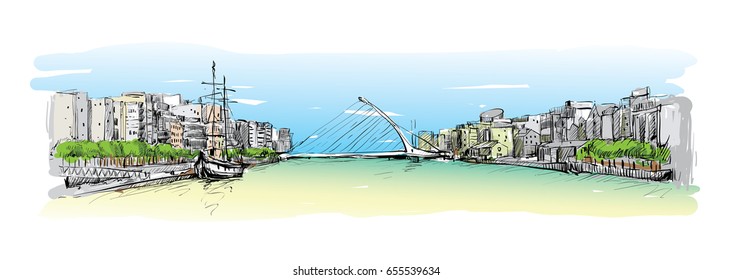 sketch of cityscape in Dublin with architecture along river and Harp bridge, illustration vector