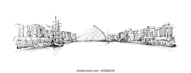 sketch of cityscape in Dublin show architecture along river and Harp bridge, illustration vector