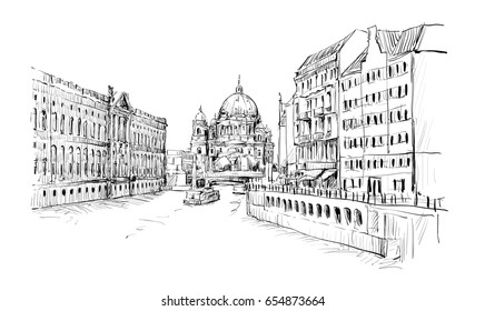 sketch of cityscape in Germany show old church Berliner Dom along river in Berlin, illustration vector