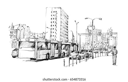 sketch of cityscape in Germany show traffic jam and sportation in Berlin, illustration vector