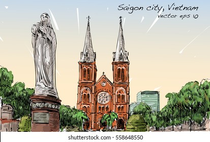 Sketch cityscape  Ho Chi Minh city show Saigon Notre  Dame Cathedral Basilica  illustration vector