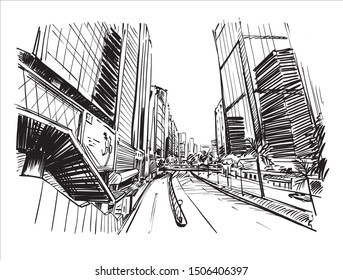 Sketch of cityscape in Hong Kong, show the building along the street , and draw