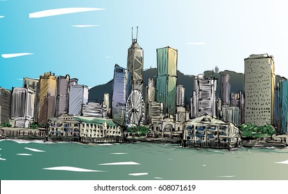 Sketch of cityscape in Hong Kong show townscape and building illustration