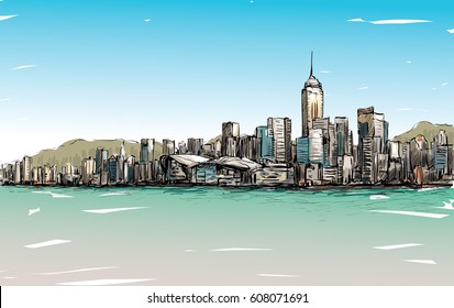Sketch of cityscape in Hong Kong show townscape and building illustration