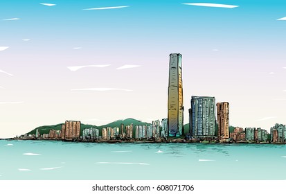 Sketch of cityscape in Hong Kong show townscape and building illustration