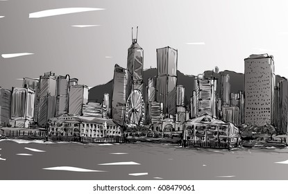 Sketch of cityscape in Hong Kong show townscape and building illustration