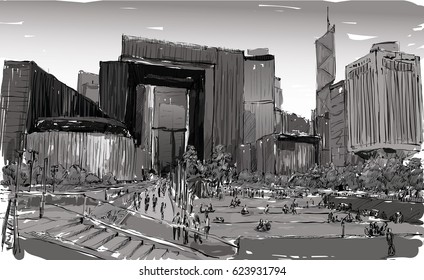 Sketch of cityscape in Hong Kong show public park center and office architecture building, illustration vector