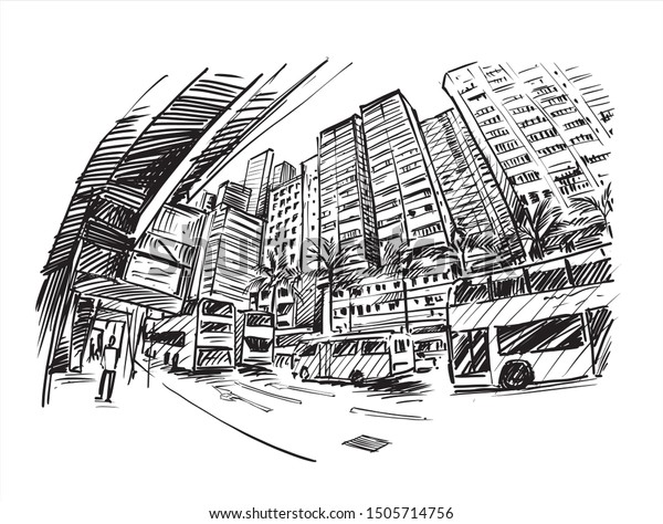 Sketch of cityscape in Hong Kong, show\
the building and traffic along street, hand\
draw