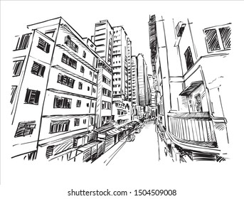 Sketch of cityscape in Hongkong downtown, show the building along street, hand draw