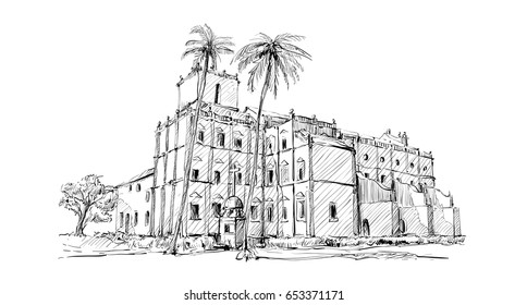 sketch of cityscape India show church old building in Kolkata, illustration vector